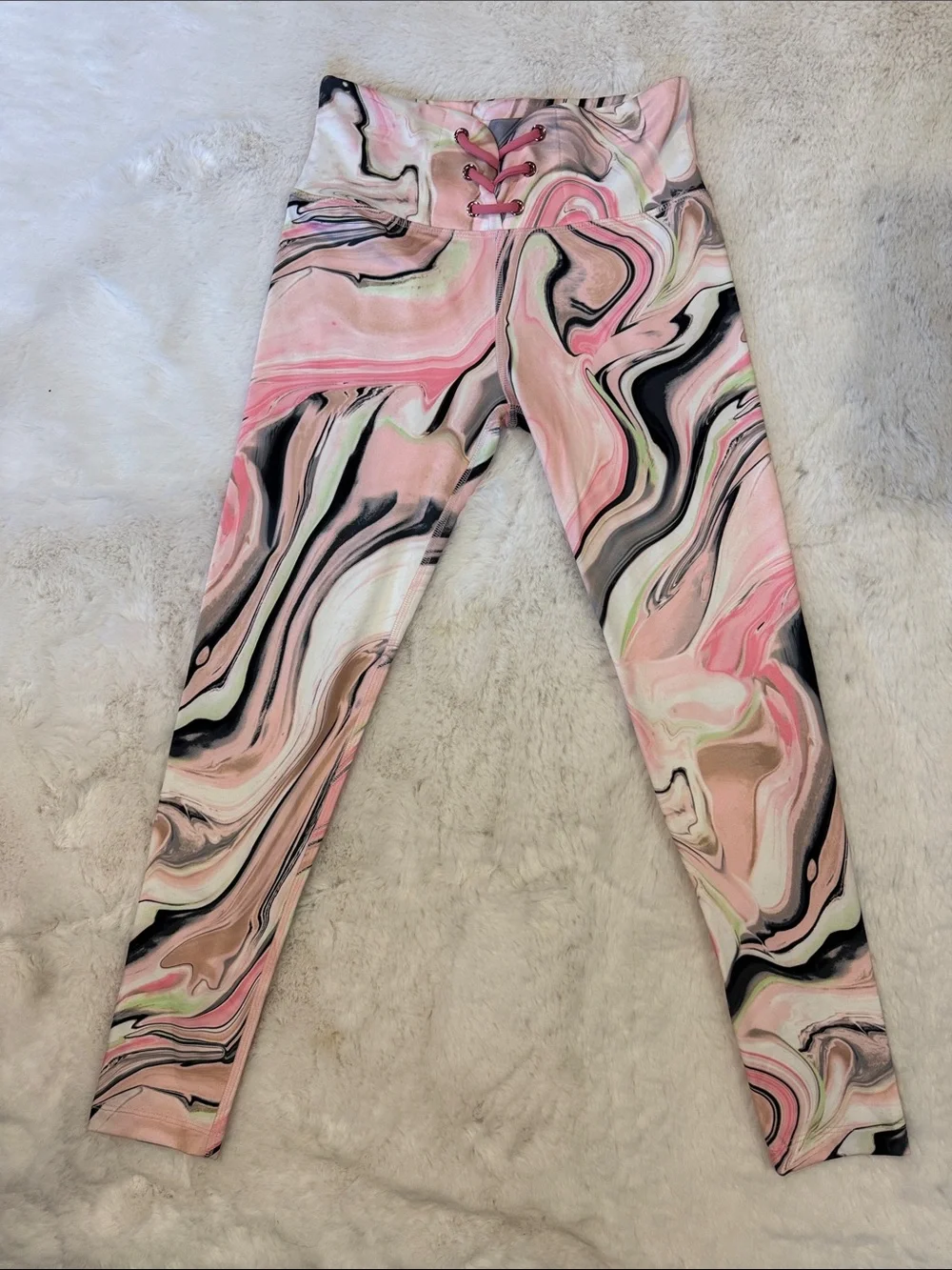 Justice Pink Marble-Print Lace-Up Waist Leggings with Black and Cream Swirls